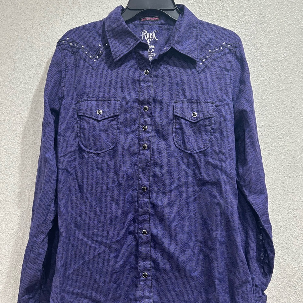 Rock 47 Wrangler Womens Western Shirt Snaps 2 Pockets Size M Purple/black sz L